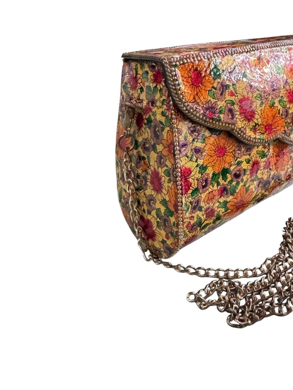 Vintage Antik Kraft Floral Decoupage Clutch Crossbody Chain Bag Boho Gold - Picture 3 of 11